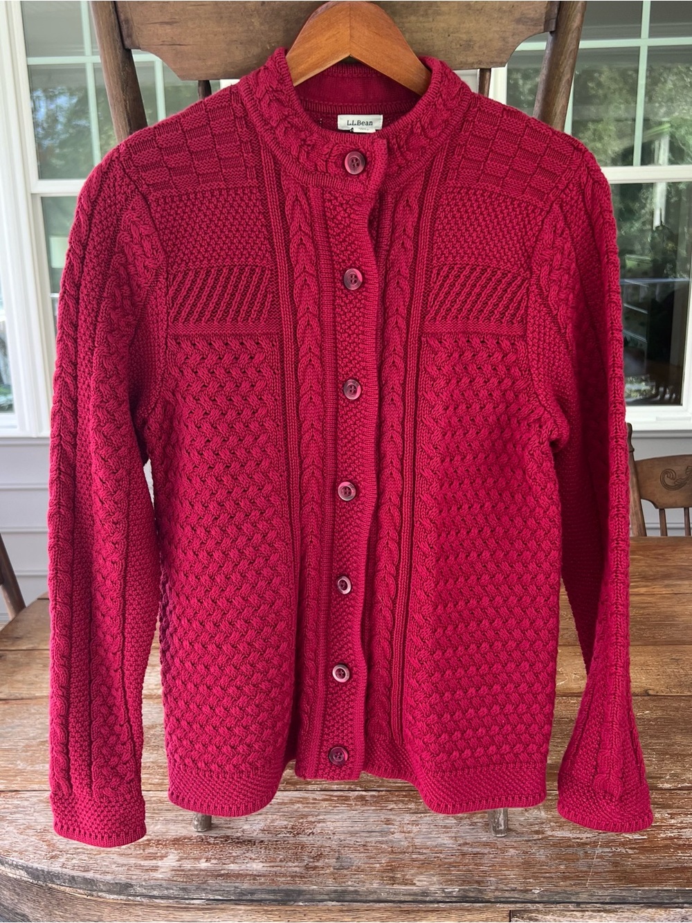 L.L. Bean Heritage Cable Knit Cardigan Sweater Cranberry Red Medium 100% Cotton